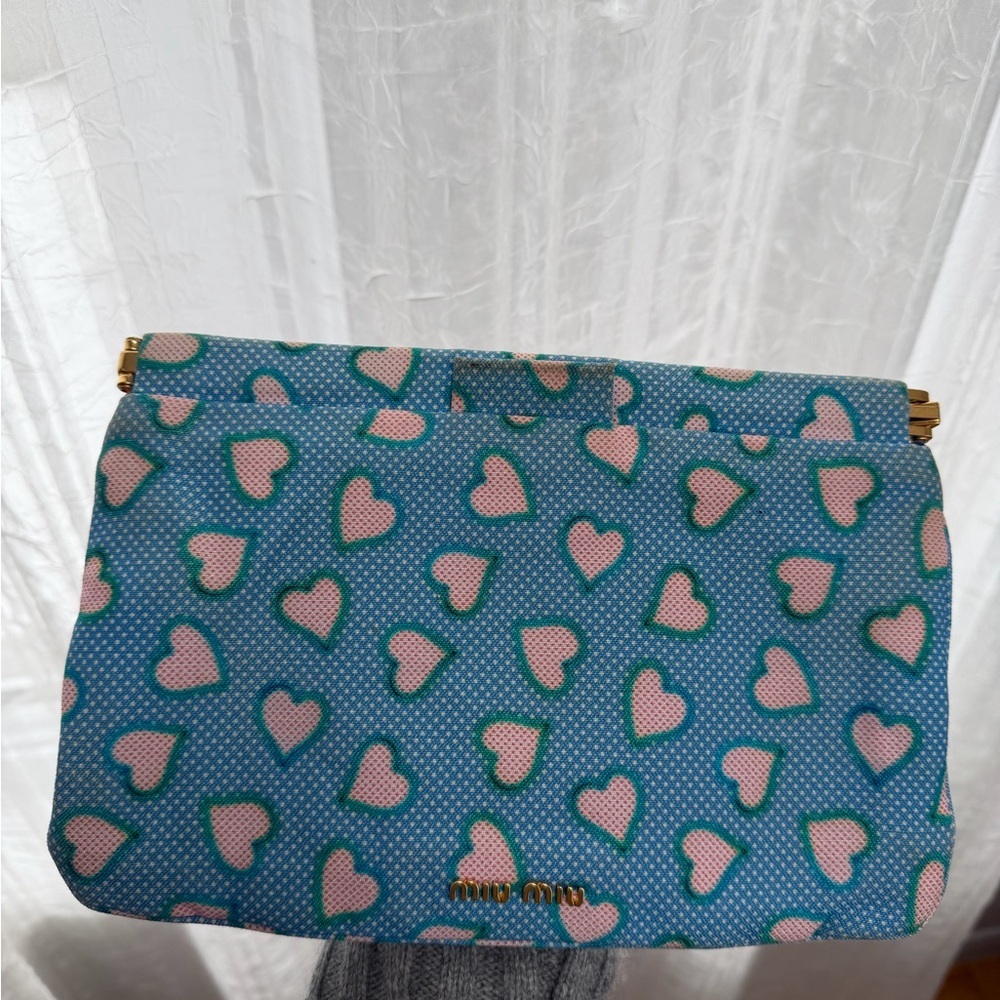 Miu Miu Blue Clutch with Pink Heart Print